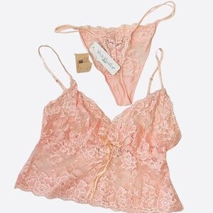 Verde Veronica Dream Vintage Lace Bra Cami Thong Lingerie Set Pink NWT Italy